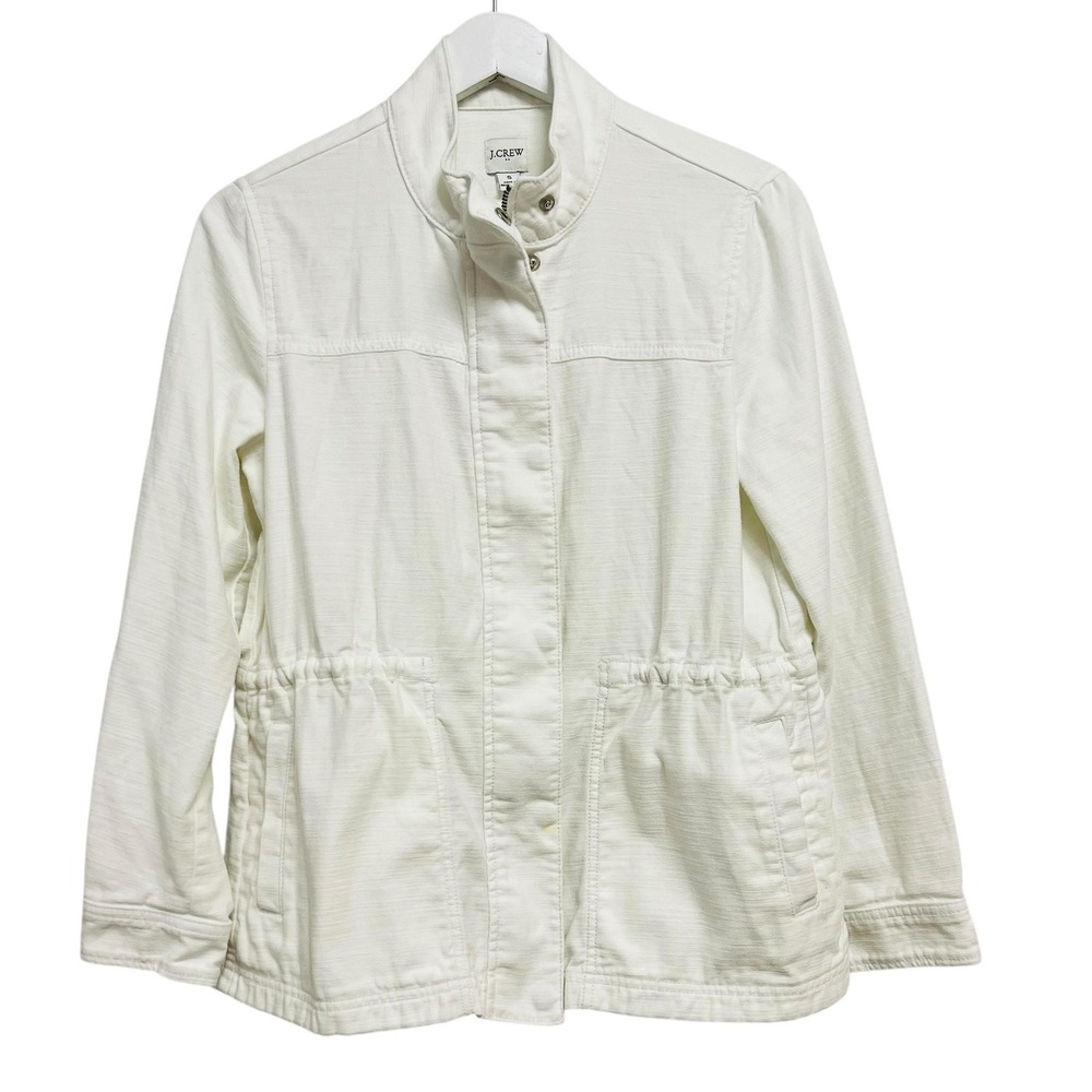J Crew Jacket Womens Small White Cotton Anorak Utility Full Zip Pockets Casual‎